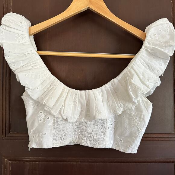 ZARA | White Eyelet Ruffle Neck Smocked Back Crop Top | Size Small - Picture 6 of 7